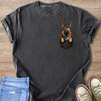 Dark grey t-shirt with a German Shepherd wearing American flag sunglasses and bandana in the pocket.