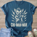 Chihuahua with mohawk and spikes playing guitar, text CHI-WAH-WAH.