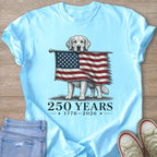 Golden retriever peeks over American flag with "250 YEARS 1776-2026" text.