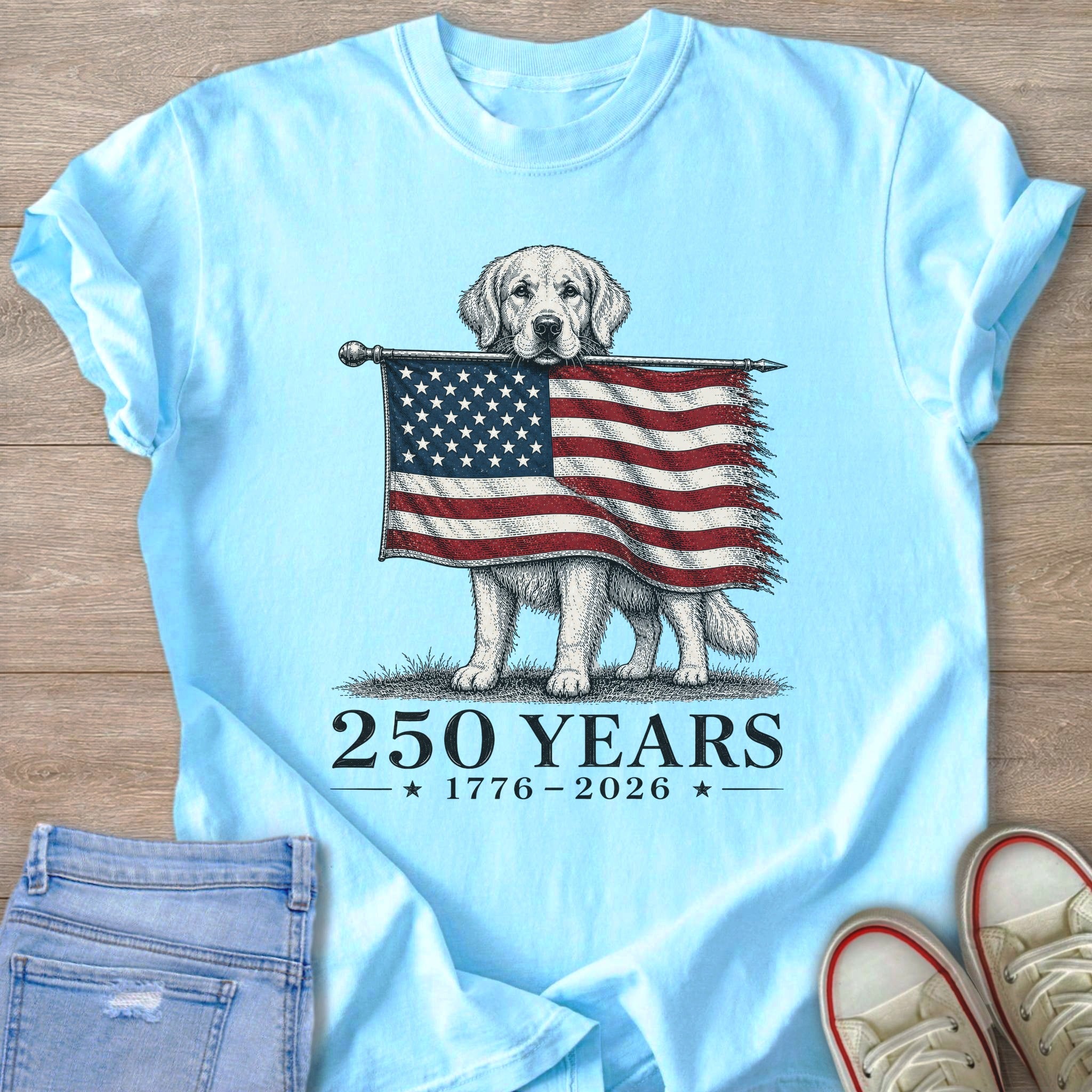 Golden retriever peeks over American flag with "250 YEARS 1776-2026" text.