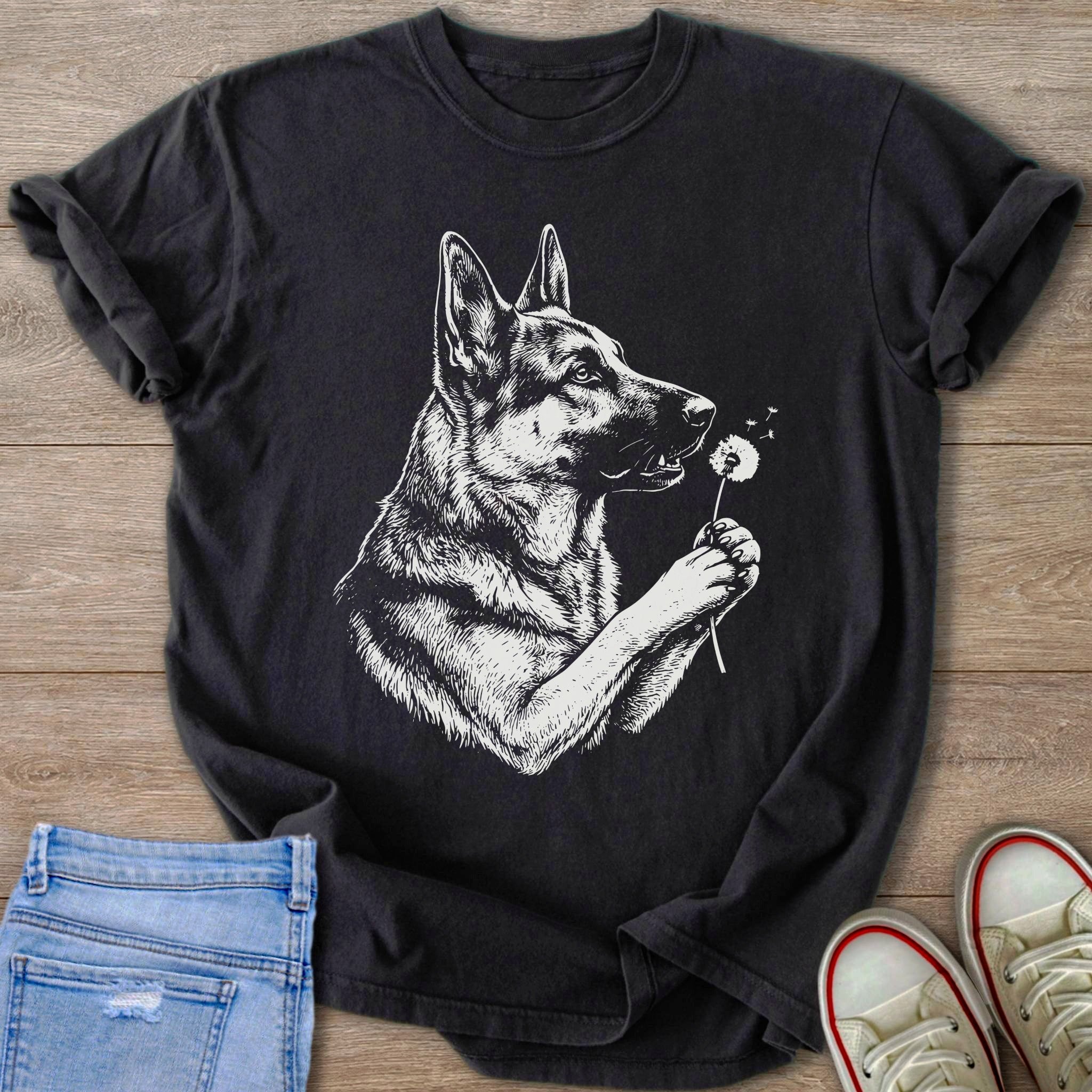 Black t-shirt with a white sketch of a German Shepherd holding a dandelion.