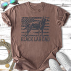 Distressed American flag with black lab silhouette and "Black Lab Dad" text.