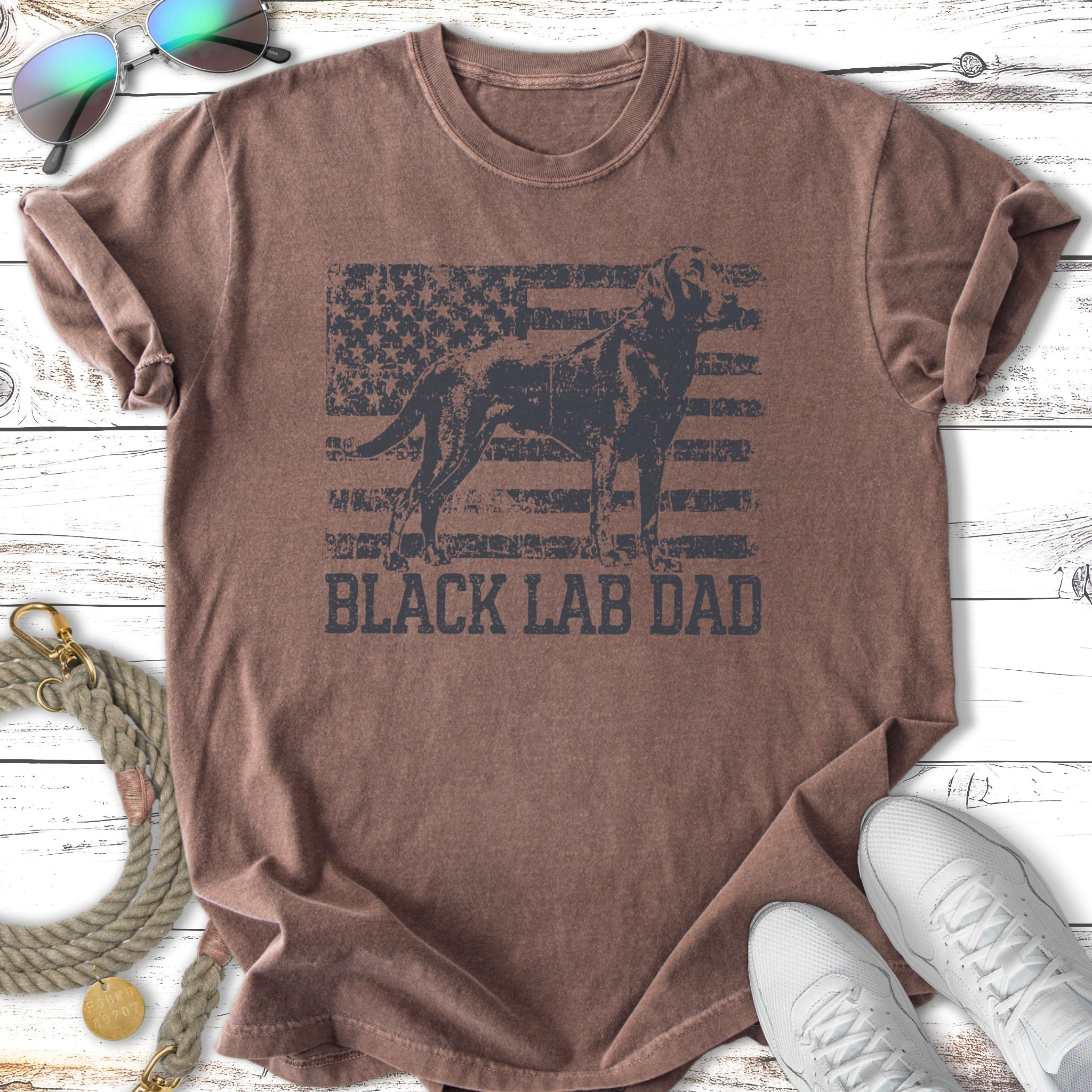 Distressed American flag with black lab silhouette and "Black Lab Dad" text.
