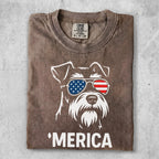 Brown t-shirt with a dog wearing American flag sunglasses and text 'MERICA.