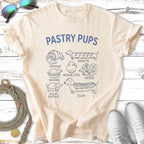 T-shirt with "Pastry Pups" title and illustrations of dog breeds as pastries.