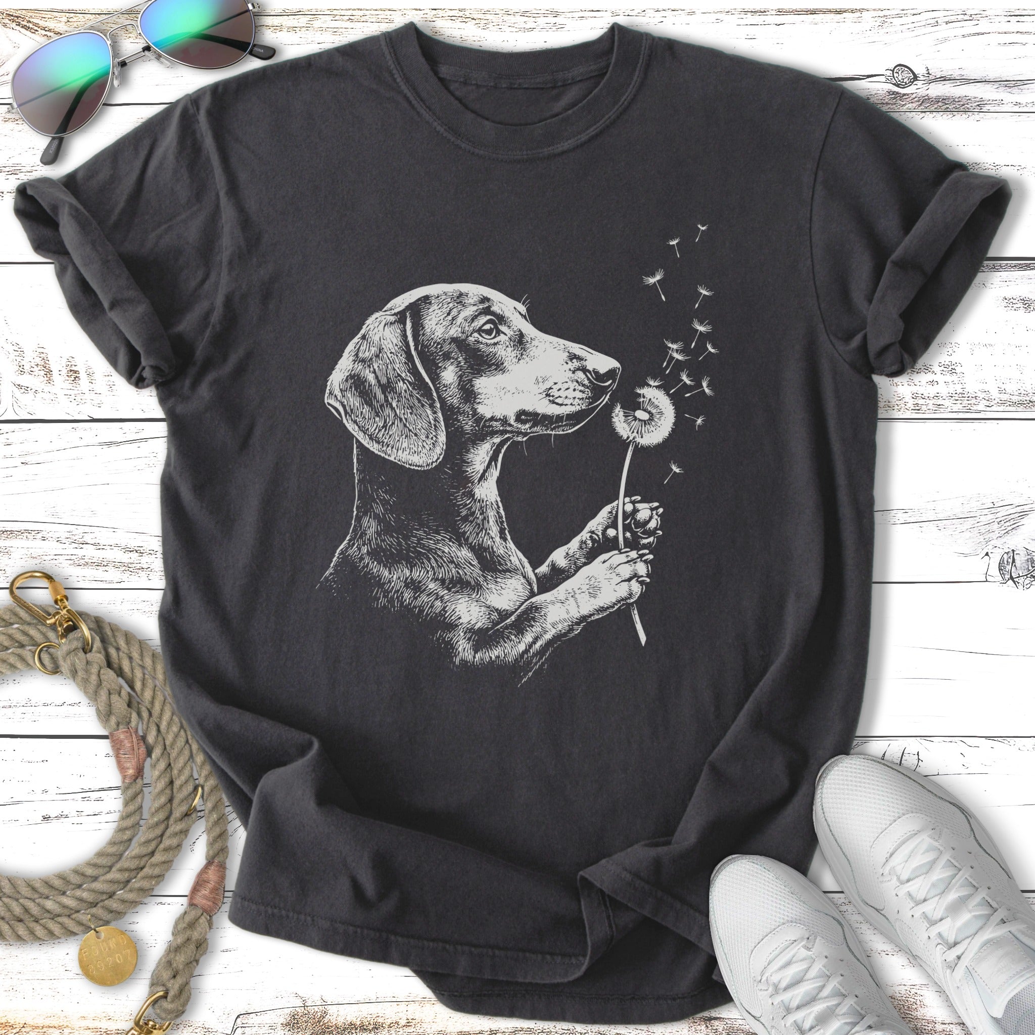 Dachshund holding a dandelion puff, charcoal graphic tee.