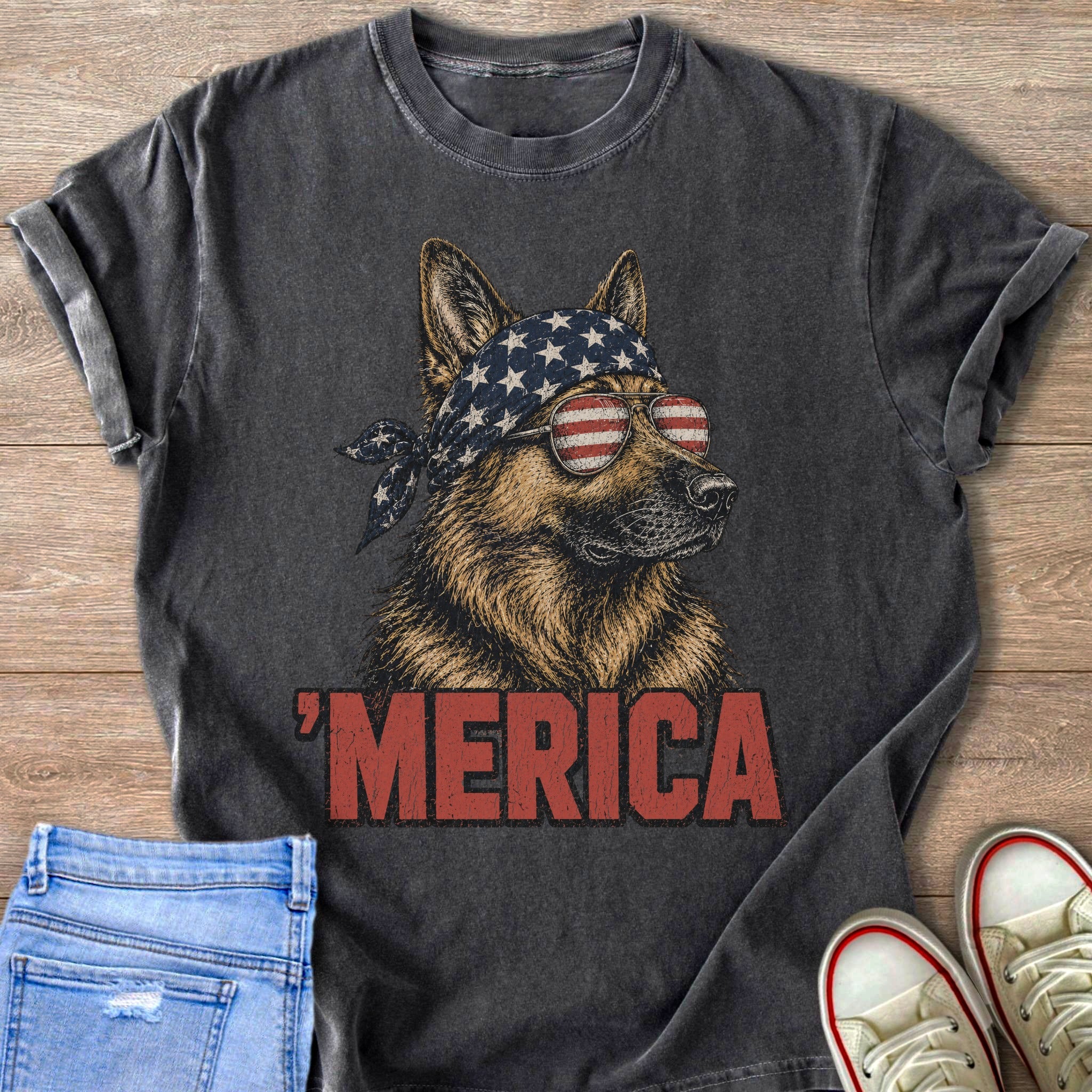 German Shepherd wearing American flag bandana and sunglasses, text Merica