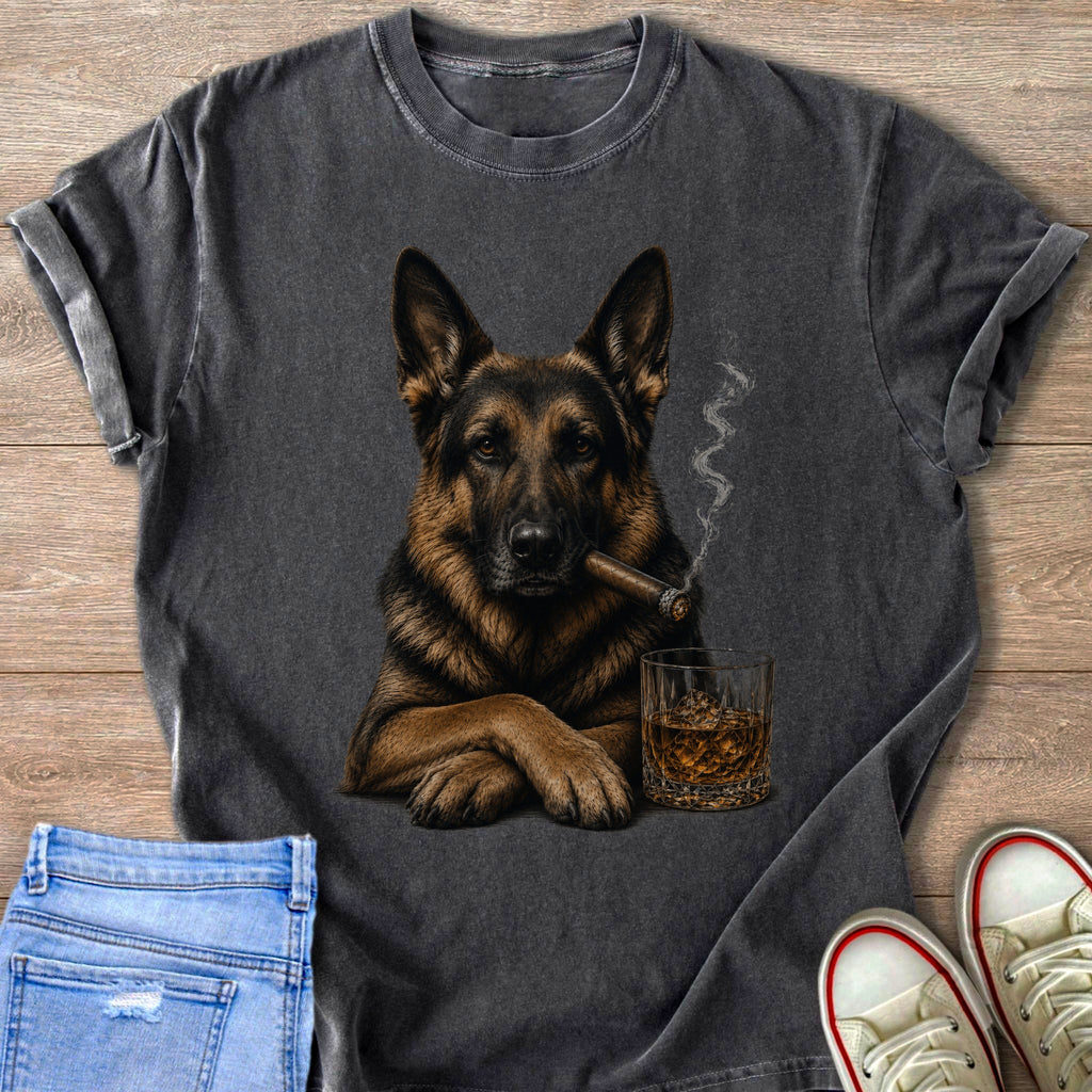 German Shepherd with cigar and whiskey on a dark gray t-shirt.