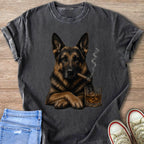 German Shepherd with cigar and whiskey on a dark gray t-shirt.