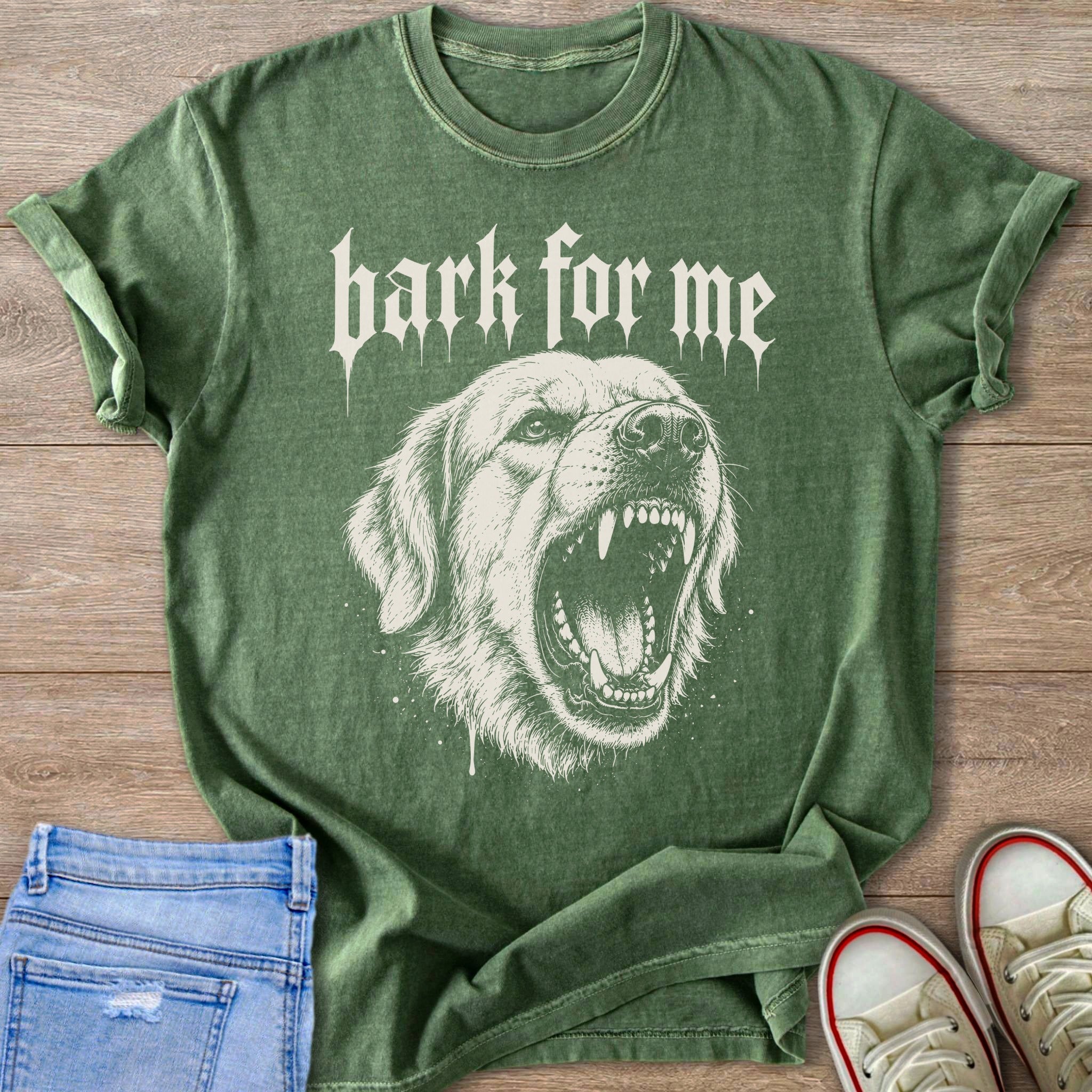 Green t-shirt with a graphic of a dog's head and the text "bark for me."
