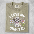 Shih Tzu dog wearing pink bow tie with flowers, "I love my Shih Tzu" text.