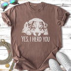 Brown t-shirt with a distressed dog graphic and "YES, I HERD YOU" text.