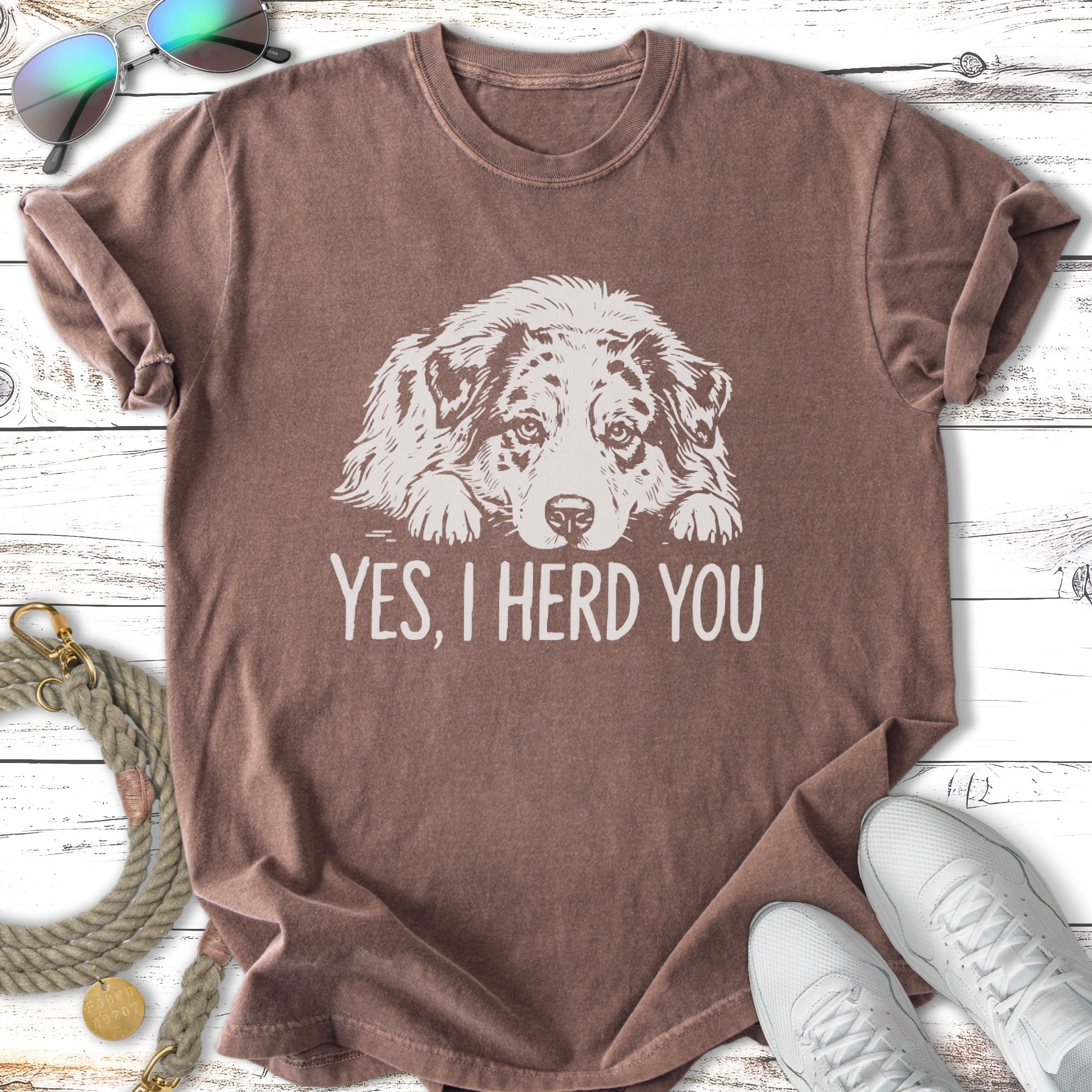 Brown t-shirt with a distressed dog graphic and "YES, I HERD YOU" text.