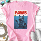 German Shepherd dog in water with "PAWS" text.