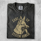 Black t-shirt with tan German Shepherd graphic and "Ears Up System Armed" text.