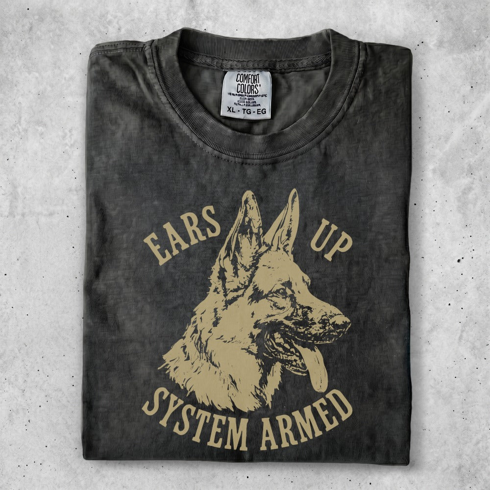 Black t-shirt with tan German Shepherd graphic and "Ears Up System Armed" text.