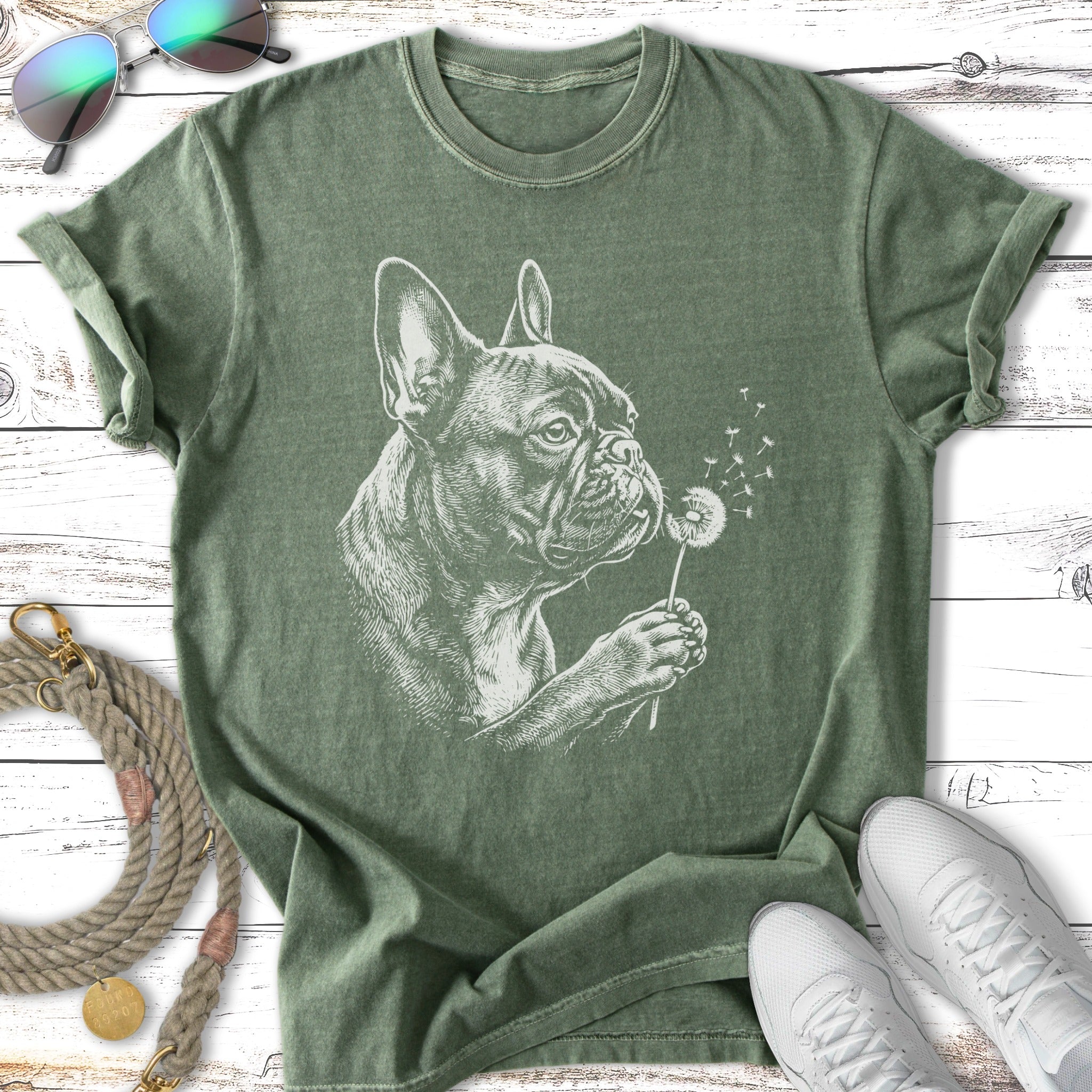 French bulldog blowing dandelion seeds on a vintage-style green t-shirt.