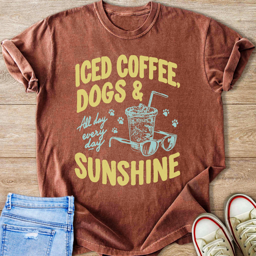 Brown t-shirt with text "Iced Coffee, Dogs & Sunshine" and graphics.
