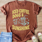 Brown t-shirt with text "Iced Coffee, Dogs & Sunshine" and graphics.