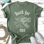 Green t-shirt with white graphic of a wolf's head and "bark for me" text.