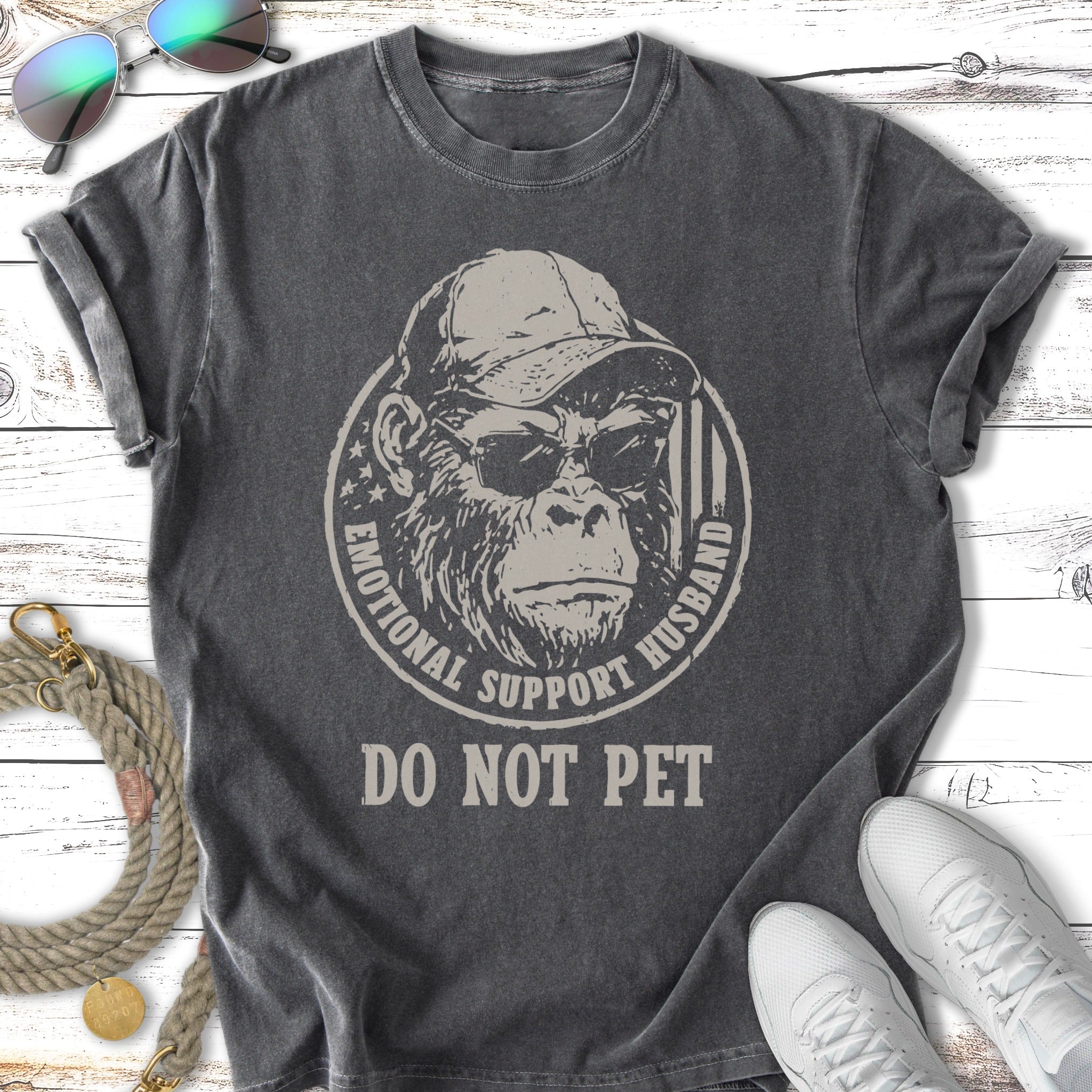 Dark grey t-shirt with "Emotional Support Husband Do Not Pet" and gorilla graphic.