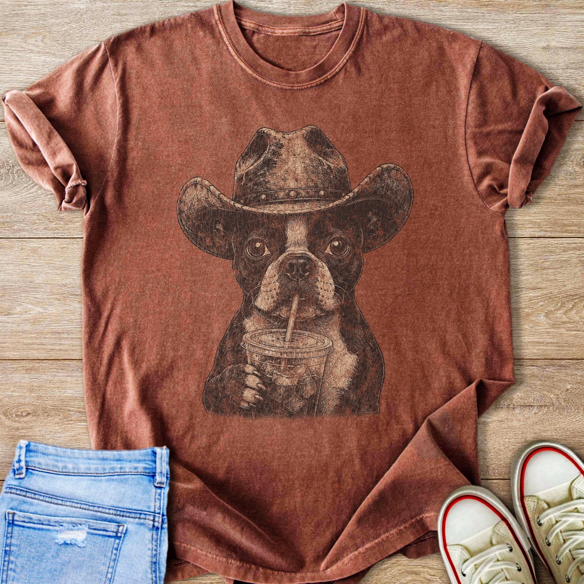 Boston terrier in cowboy hat drinks from cup on distressed rust-colored t-shirt.