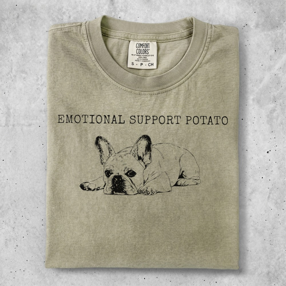 T-shirt with "Emotional Support Potato" and a French bulldog illustration.