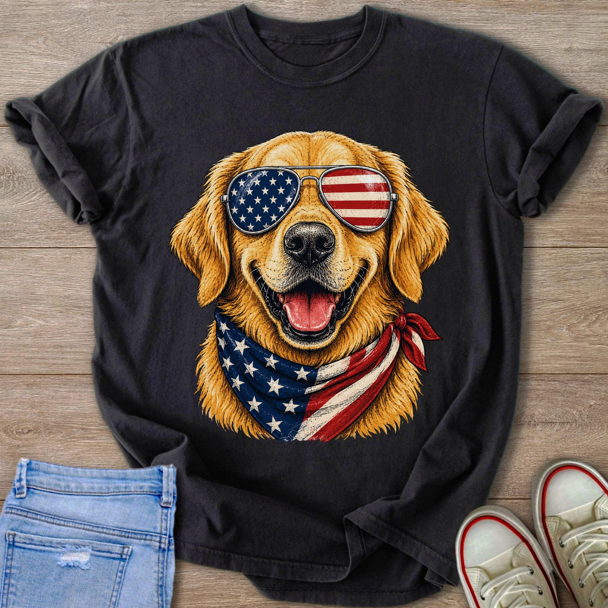 Golden retriever wearing American flag sunglasses and bandana on black t-shirt.