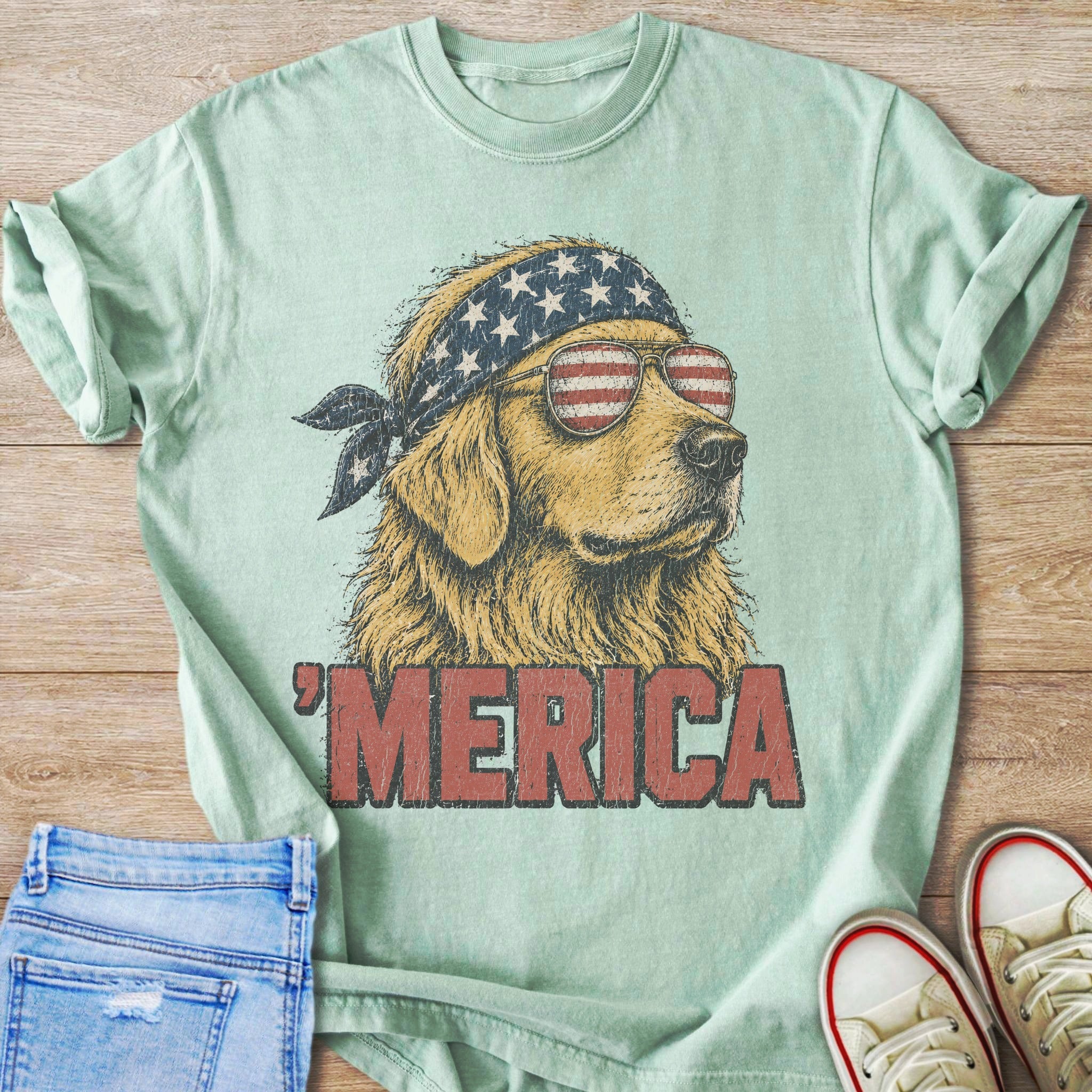 Golden retriever wearing American flag bandana and sunglasses, with 'MERICA text.