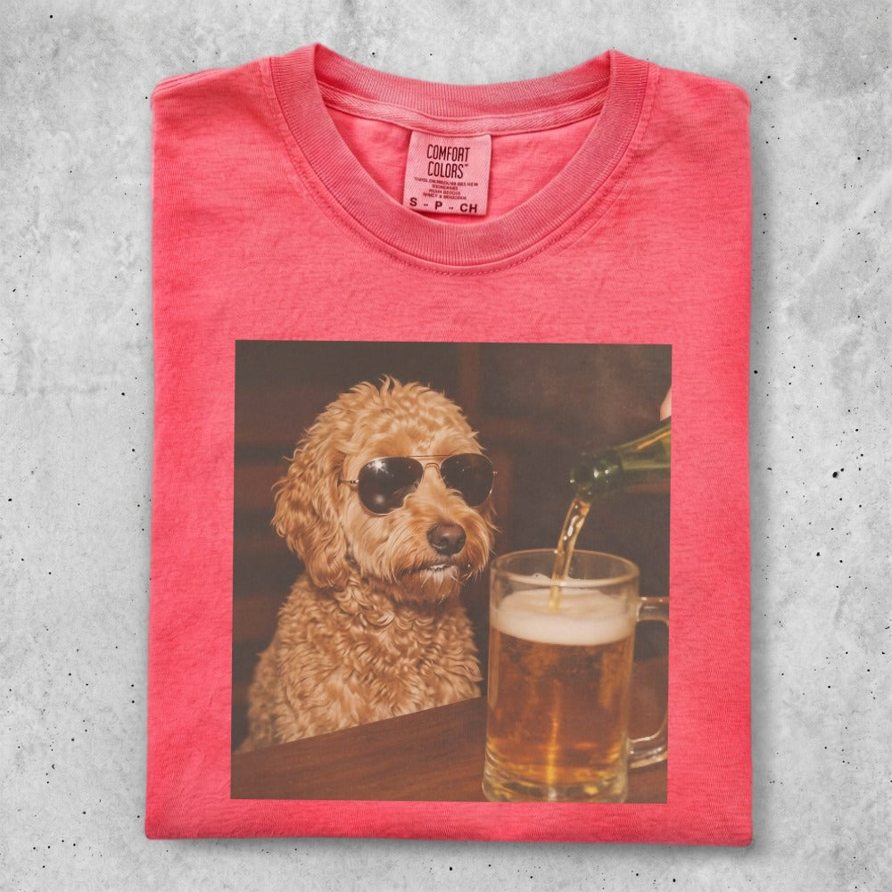 Dog wearing sunglasses pours beer into a mug.