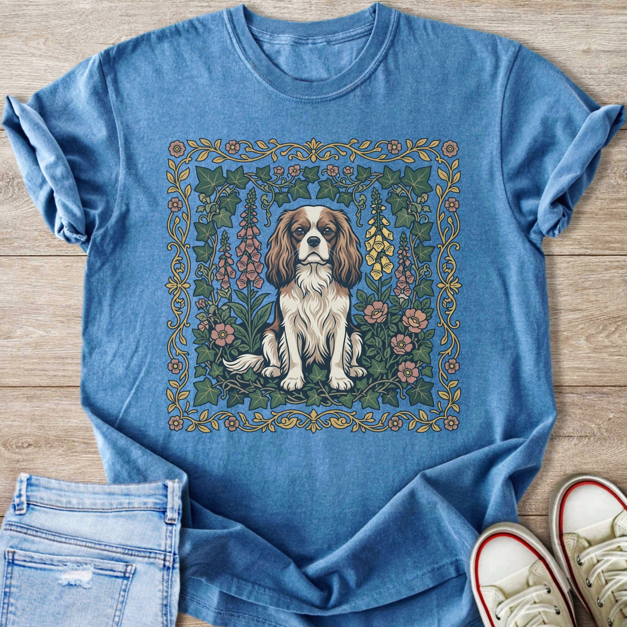 Blue t-shirt with a Cavalier King Charles Spaniel illustration framed by flowers and ivy.