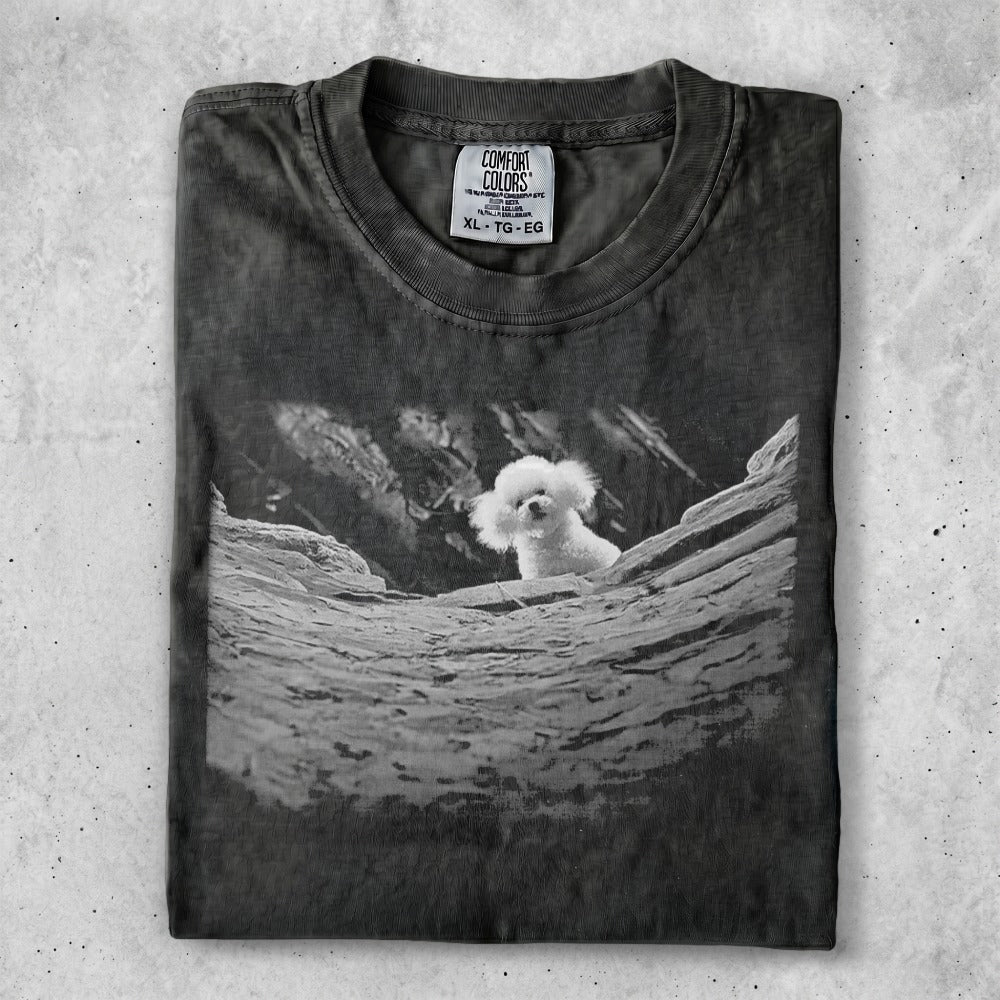 Black t-shirt with a poodle peeking over a log.