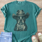 Graphic t-shirt with Boston Terrier wearing a cowboy hat and drinking a beverage.