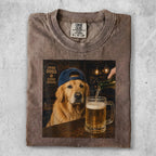 Golden retriever wearing a blue baseball cap pours beer at a bar.