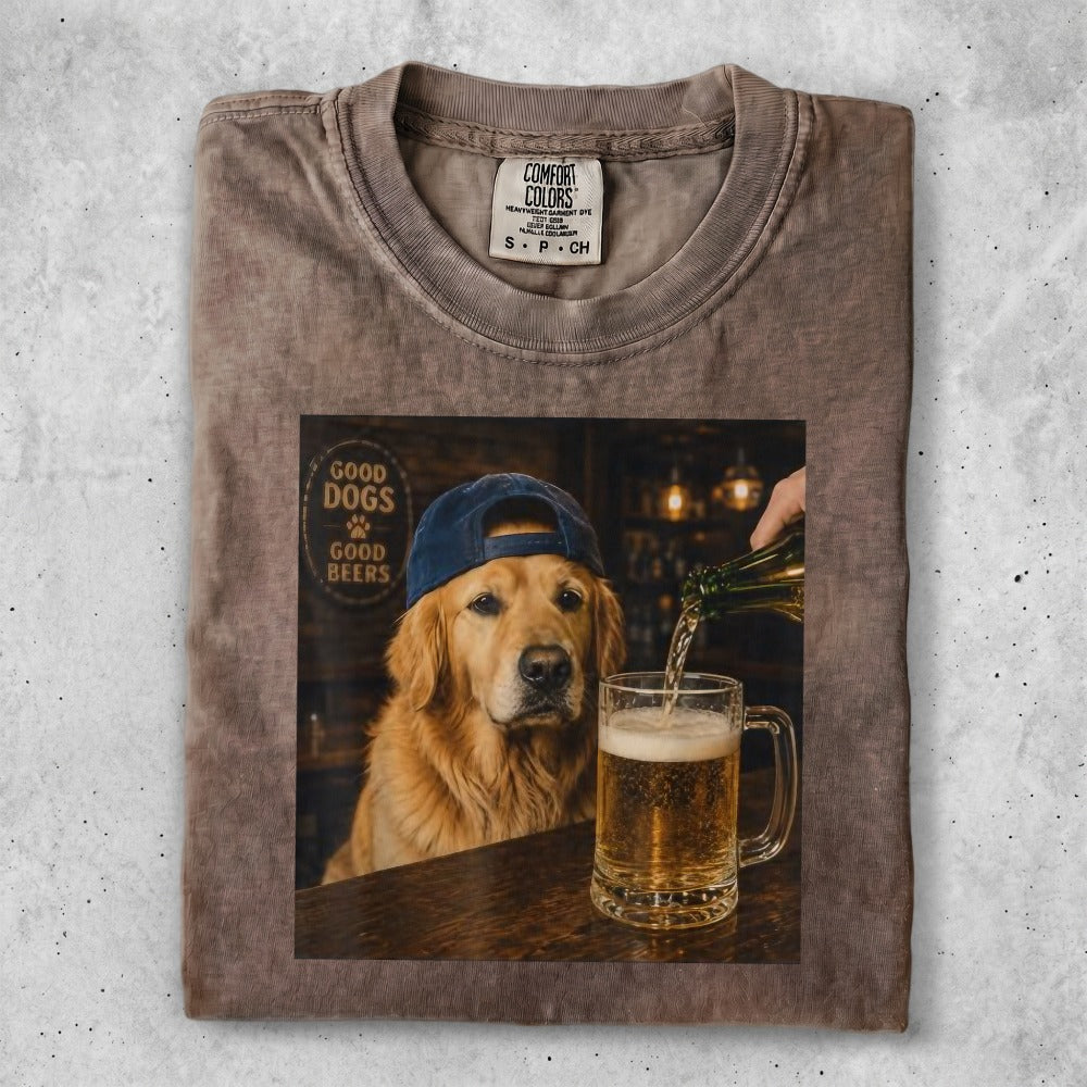 Golden retriever wearing a blue baseball cap pours beer at a bar.