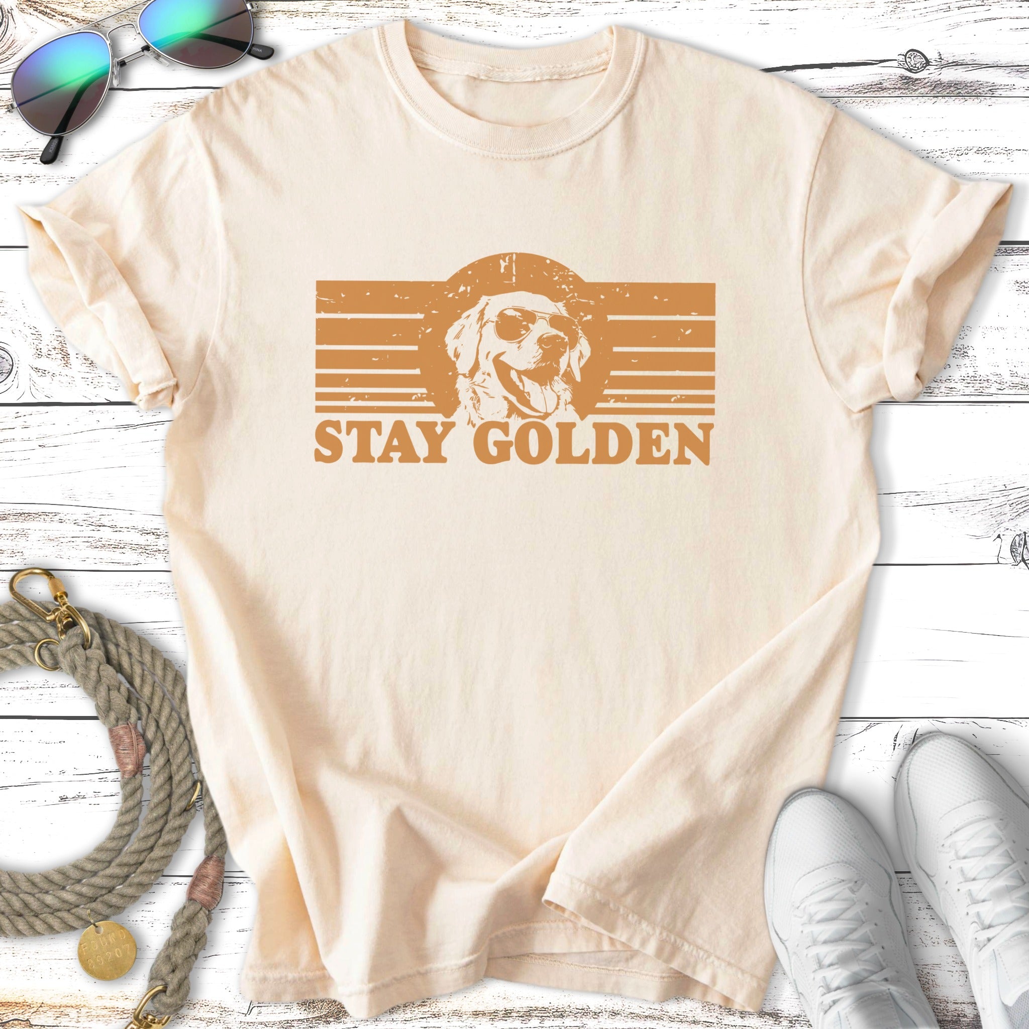 Cream t-shirt with golden retriever graphic and "STAY GOLDEN" text.