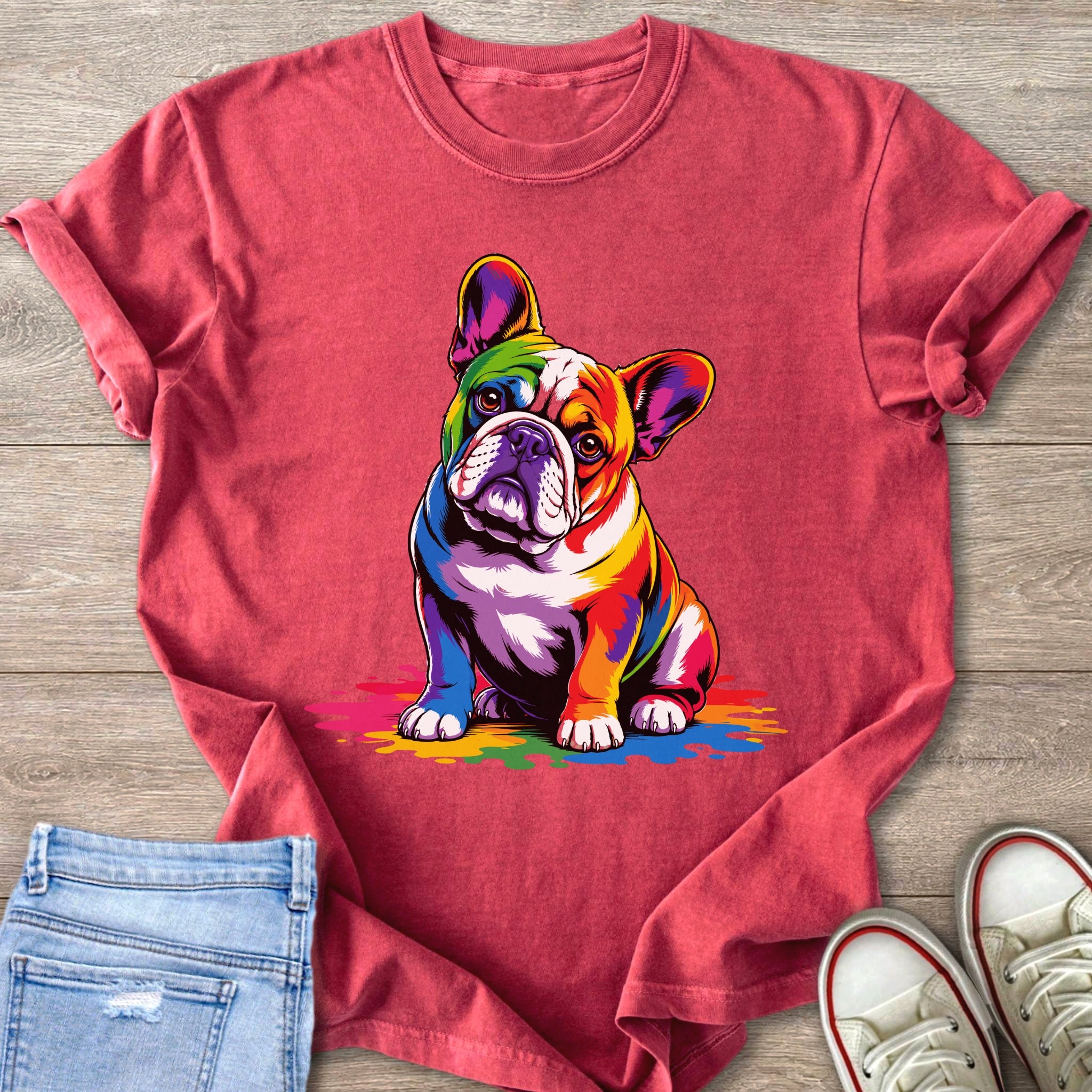 French bulldog with rainbow-colored fur sitting on a pink shirt with distressed jeans and shoes.