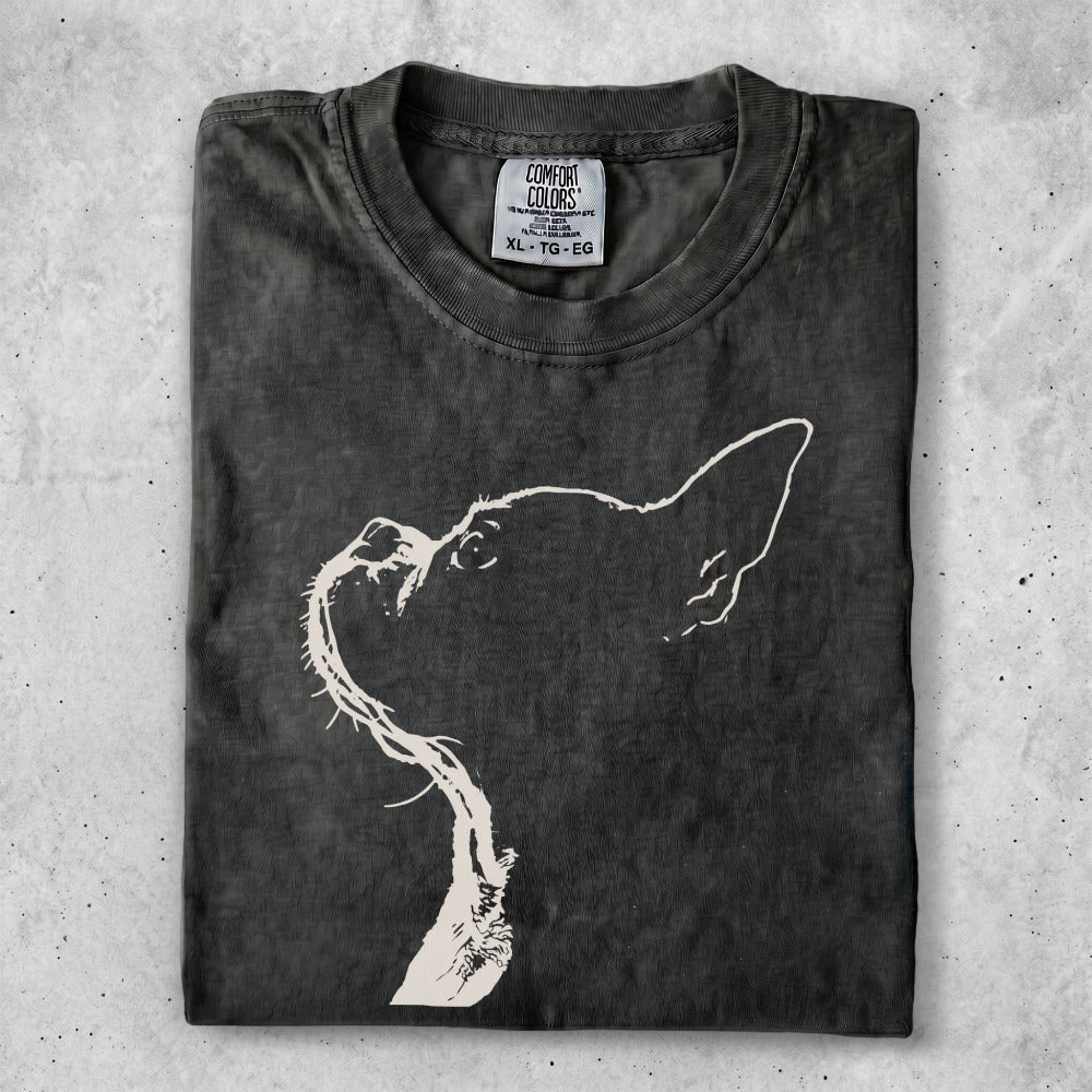 Black t-shirt with white minimalist outline of a dog's head and neck.