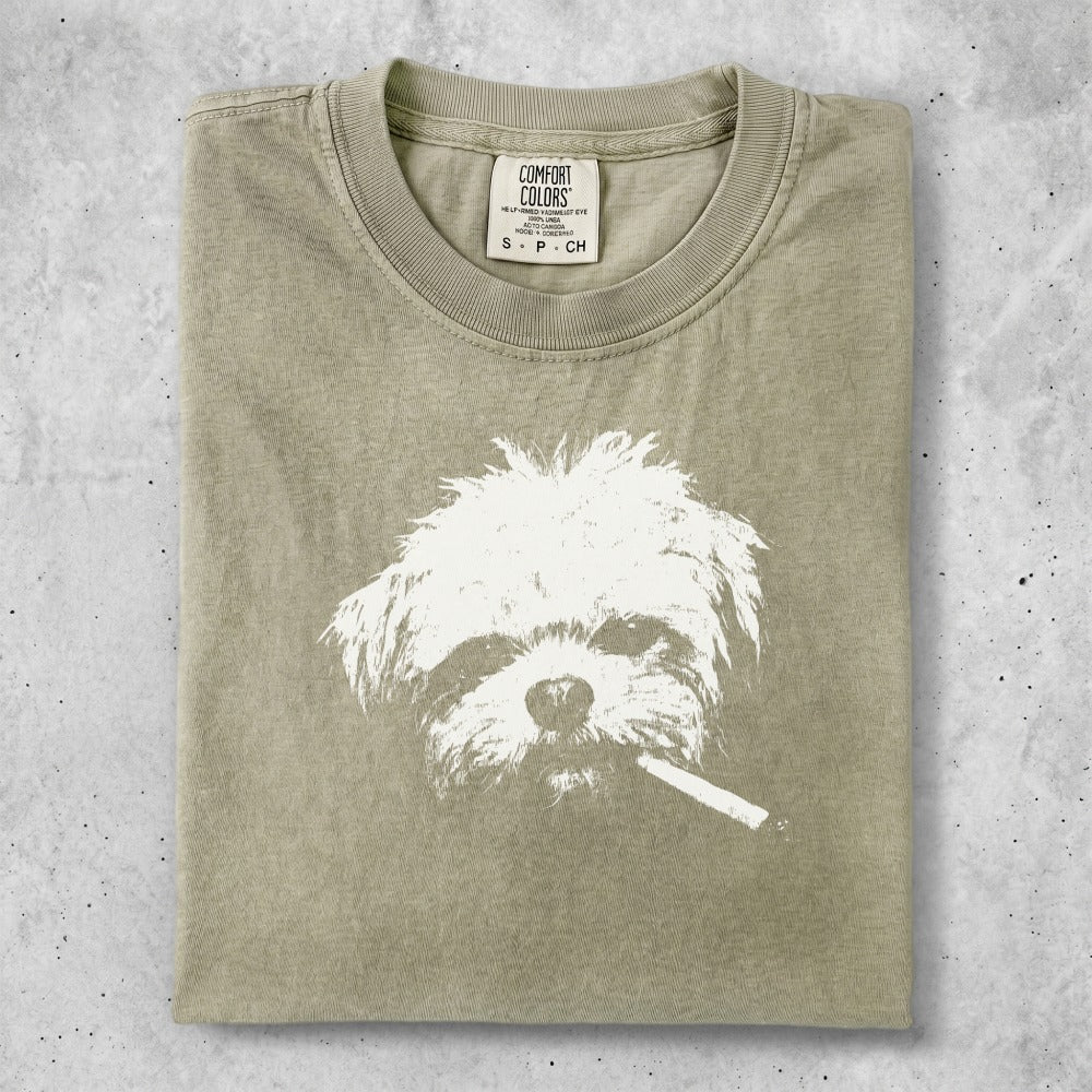 T-shirt with a white dog smoking a cigarette graphic.