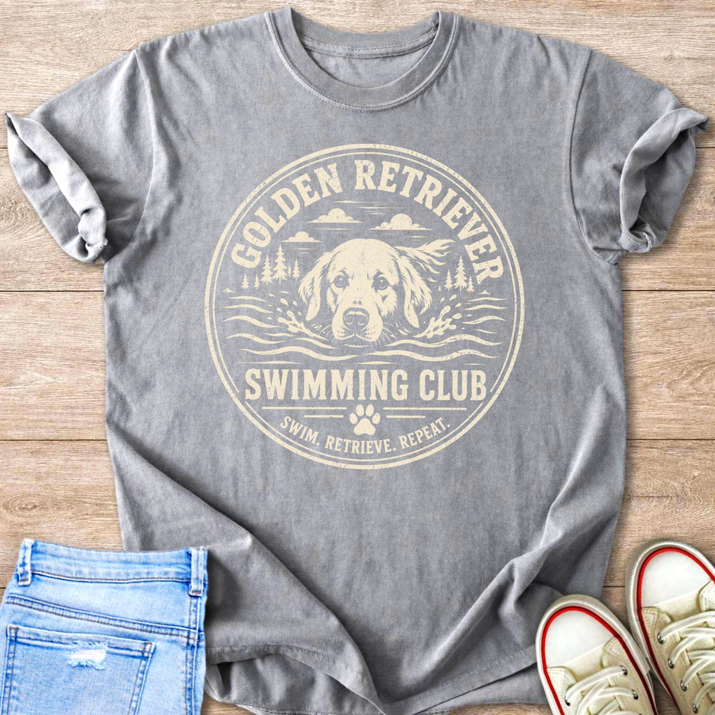 T-shirt with a distressed graphic of a Golden Retriever swimming and text "Golden Retriever Swimming Club".