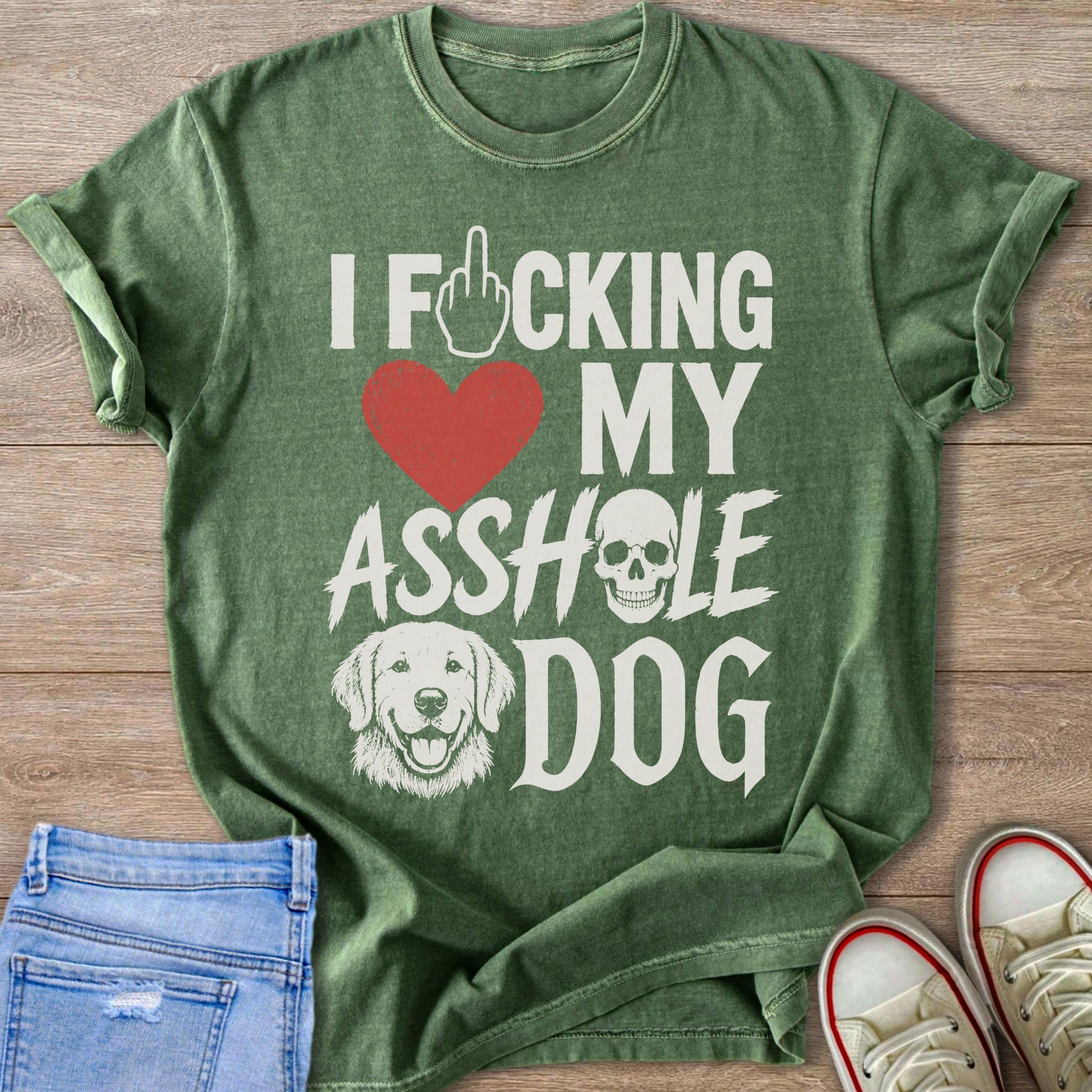 Green t-shirt with graphic text and dog image.