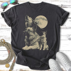 Black t-shirt with wolf and dog silhouettes against a moon.