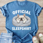 Blue t-shirt with text "OFFICIAL SLEEPSHIRT" and a sleeping French bulldog.