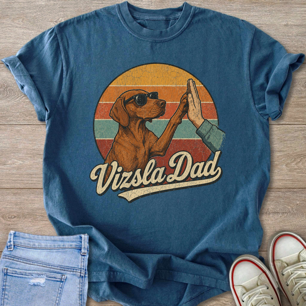 Vizsla dog with sunglasses giving high five with text Vizsla Dad.