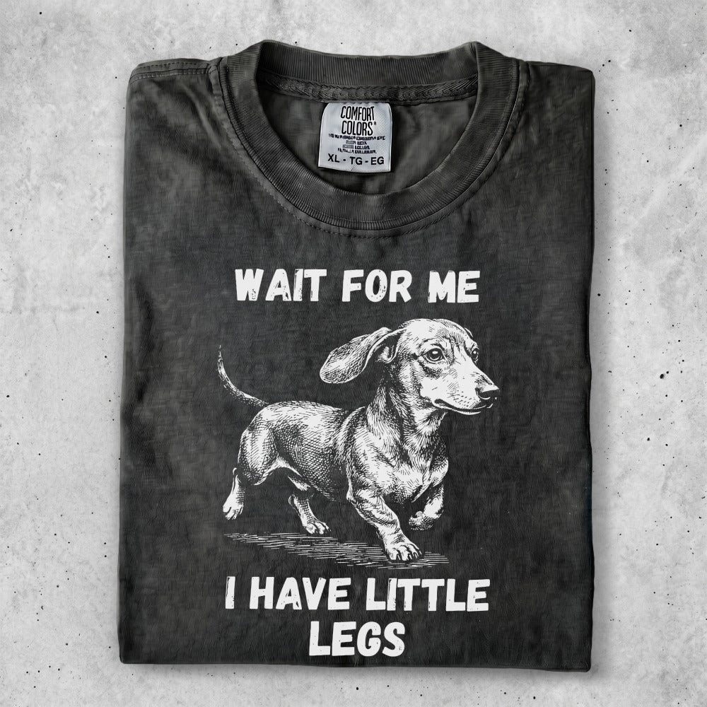 Black t-shirt with a dog and text "Wait for me I have little legs".