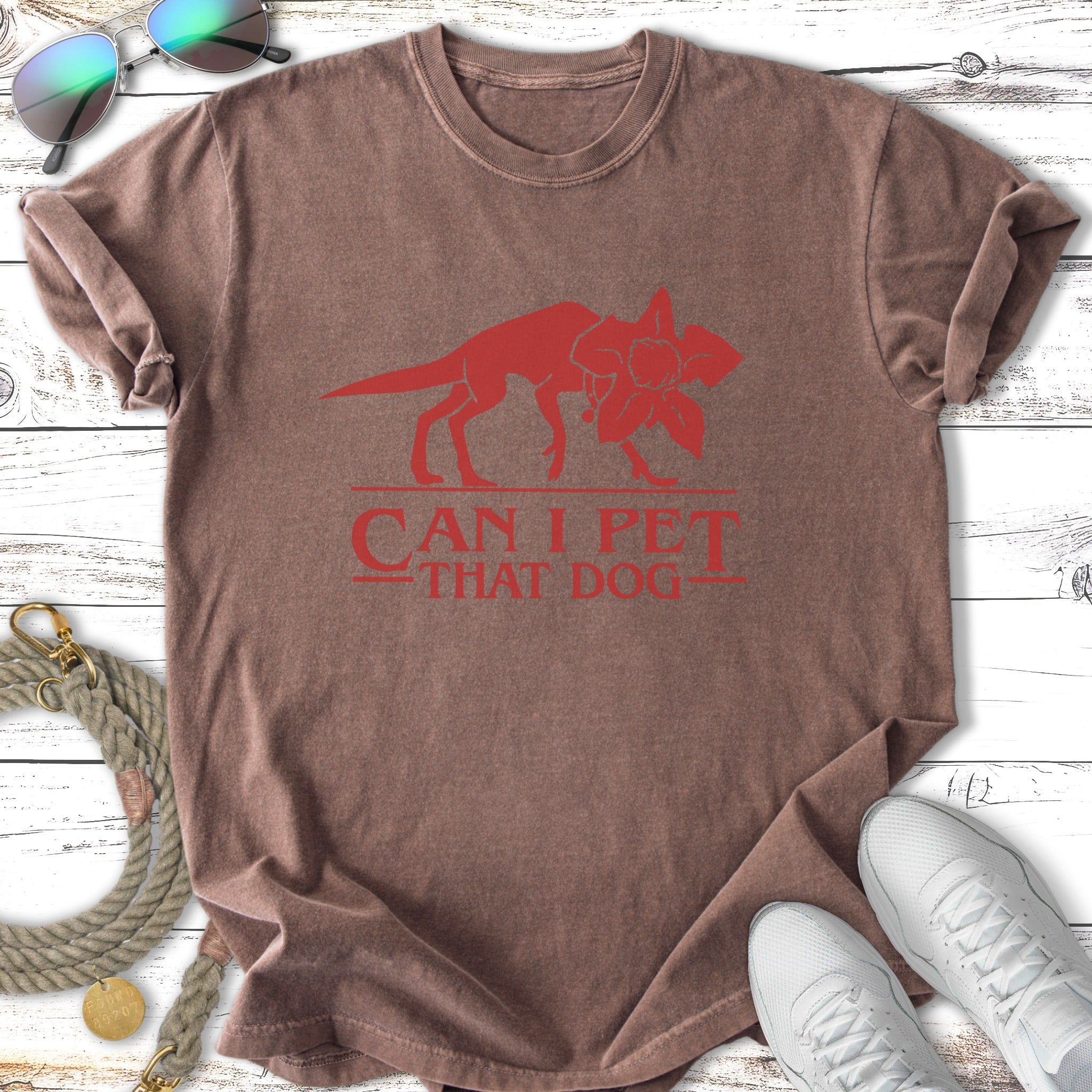 Brown t-shirt with a red Demogorgon silhouette and text "CAN I PET THAT DOG".