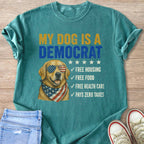 Dog wearing American flag sunglasses and bandana, text "My Dog Is A Democrat".
