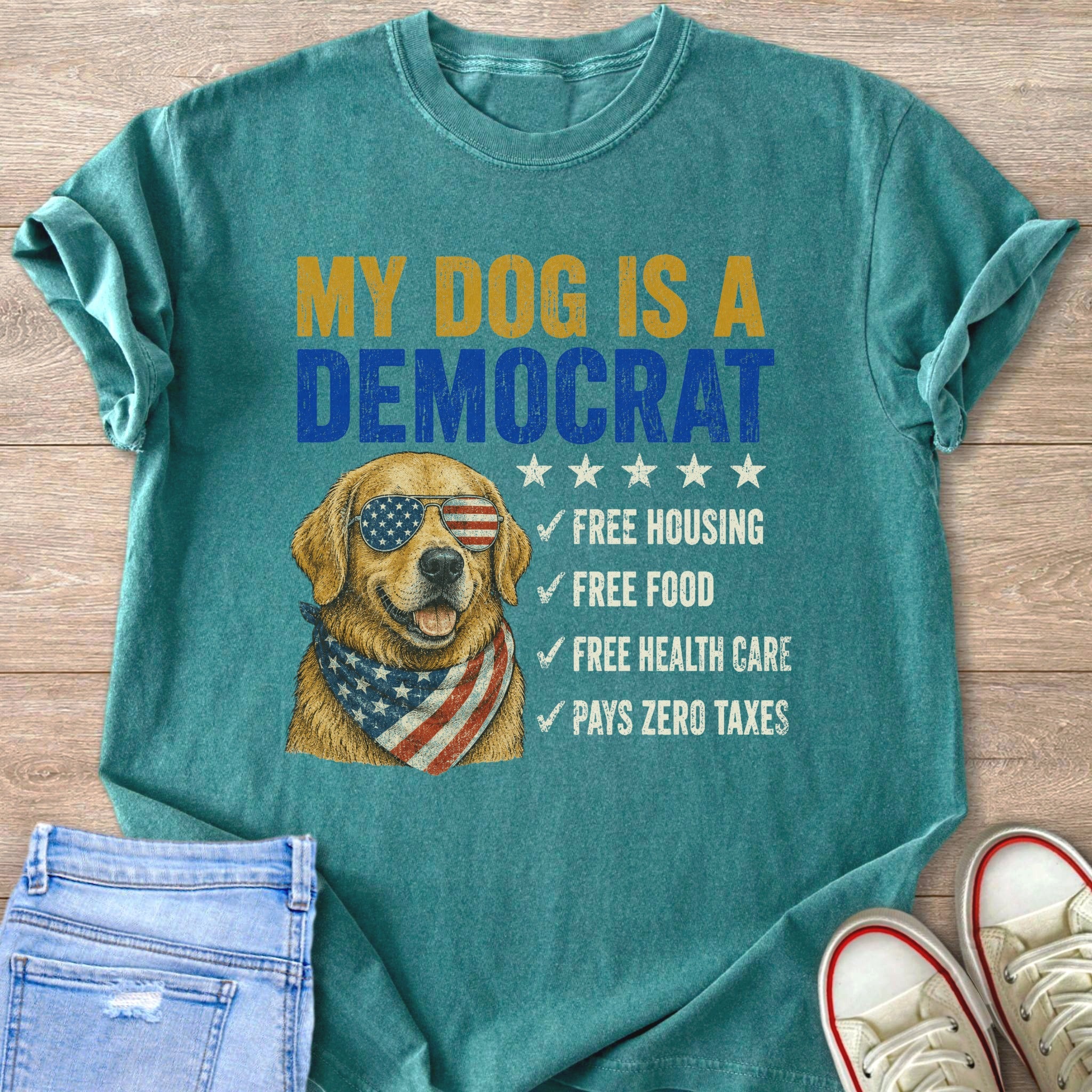 Dog wearing American flag sunglasses and bandana, text "My Dog Is A Democrat".