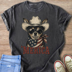 Chihuahua in cowboy hat and sunglasses, wearing American flag bandana, with "MERICA" text.