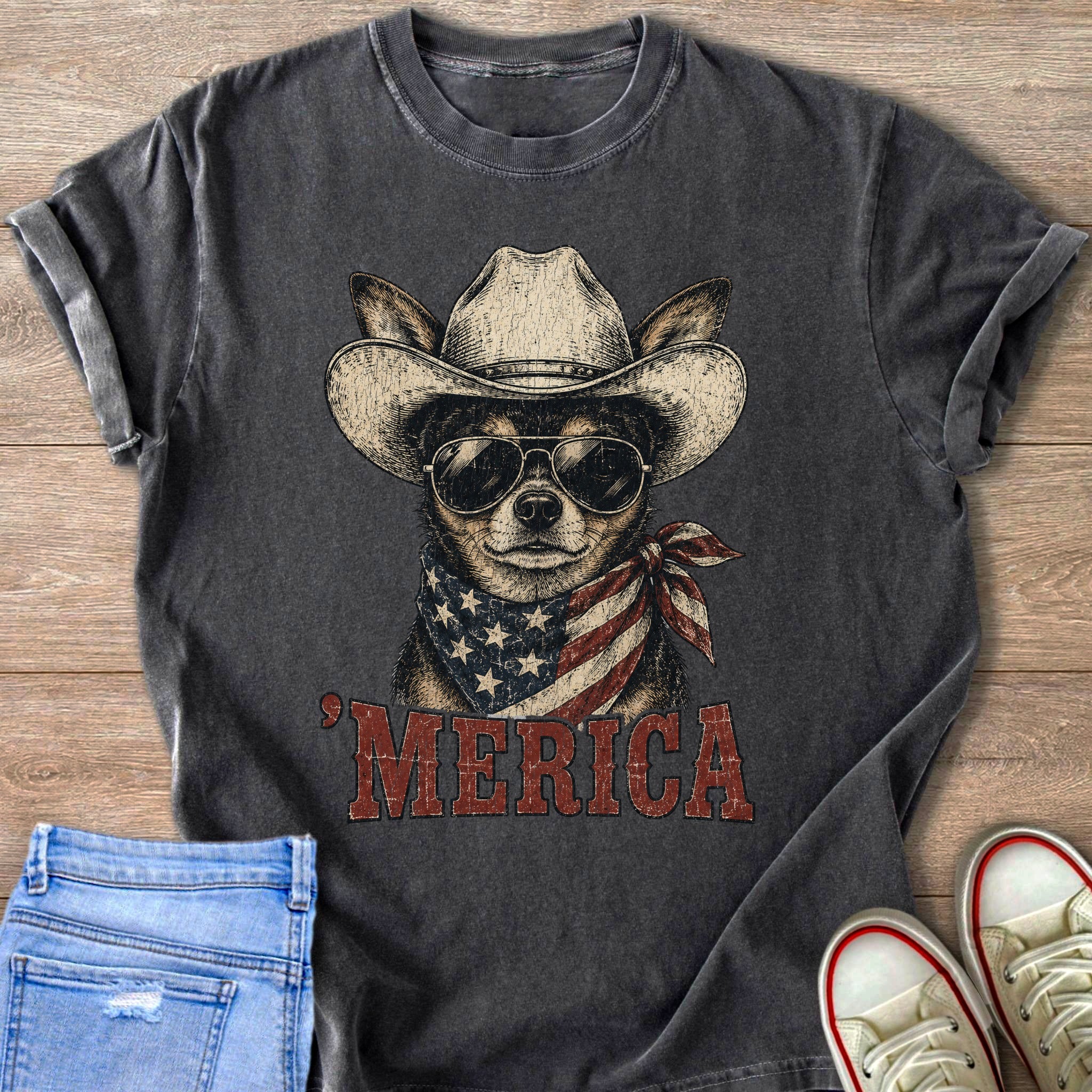 Chihuahua in cowboy hat and sunglasses, wearing American flag bandana, with "MERICA" text.